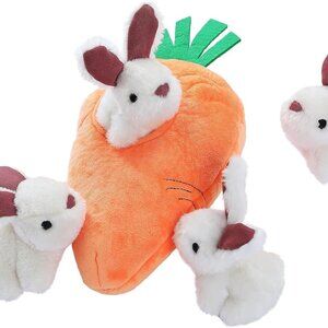 Hide and Seek Squeaky Dog Plush Toy, Rabbit and Carrot, Orange and White, 5 Pack